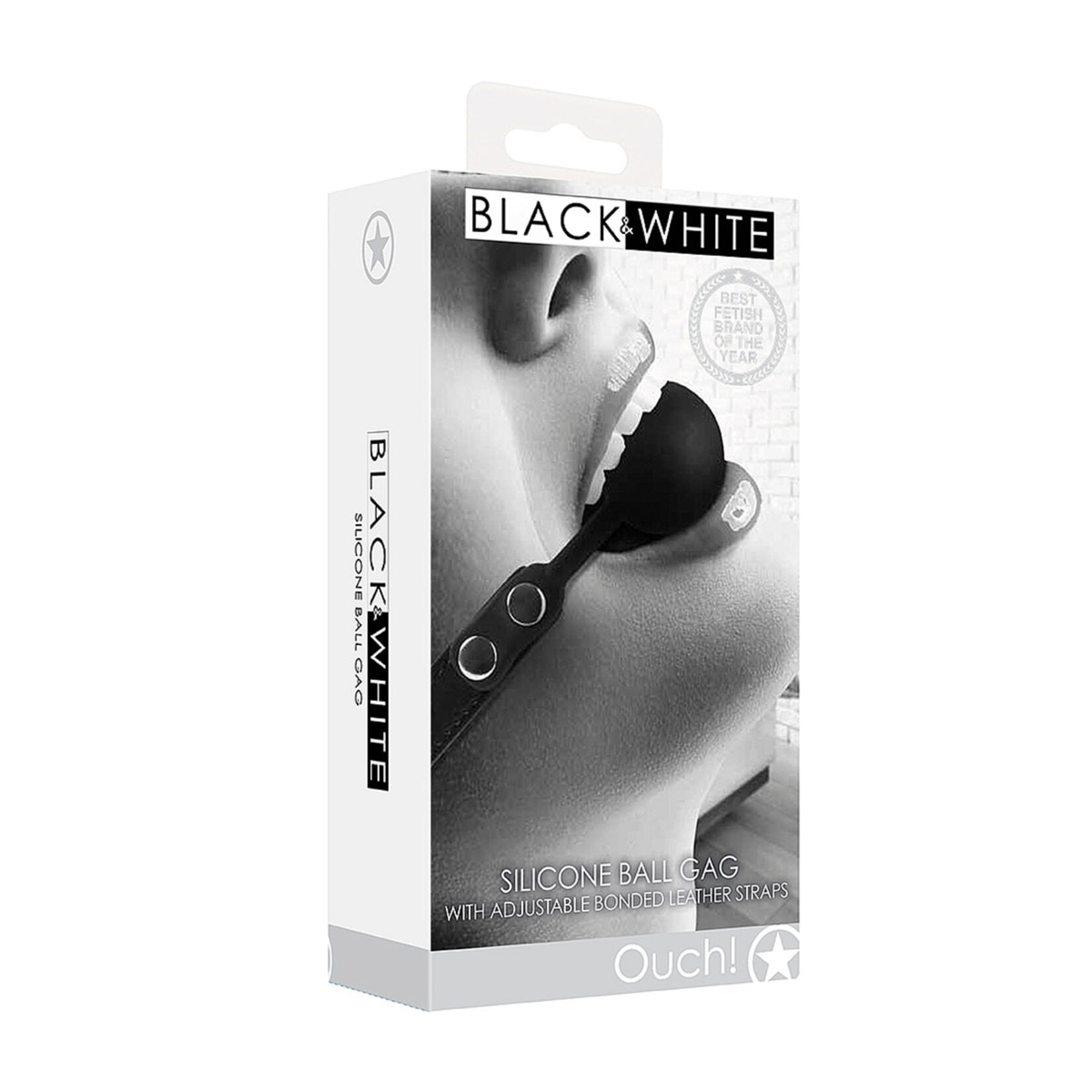 Shots America Ouch! Black & White Silicone Ball Gag with Bonded Leather Straps