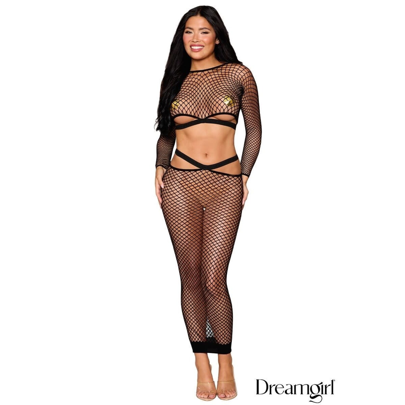 Dreamgirl Dreamgirl Black Net Long Sleeve Top & Maxi Skirt OS