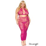 Dreamgirl Seamless Magenta Rose & Fishnet Bralette & Long Skirt Set OSX