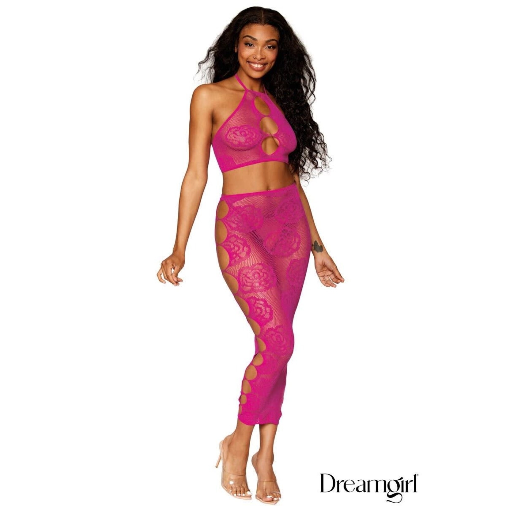 Dreamgirl Dreamgirl Seamless Magenta Rose & Fishnet Bralette & Long Skirt Set OS