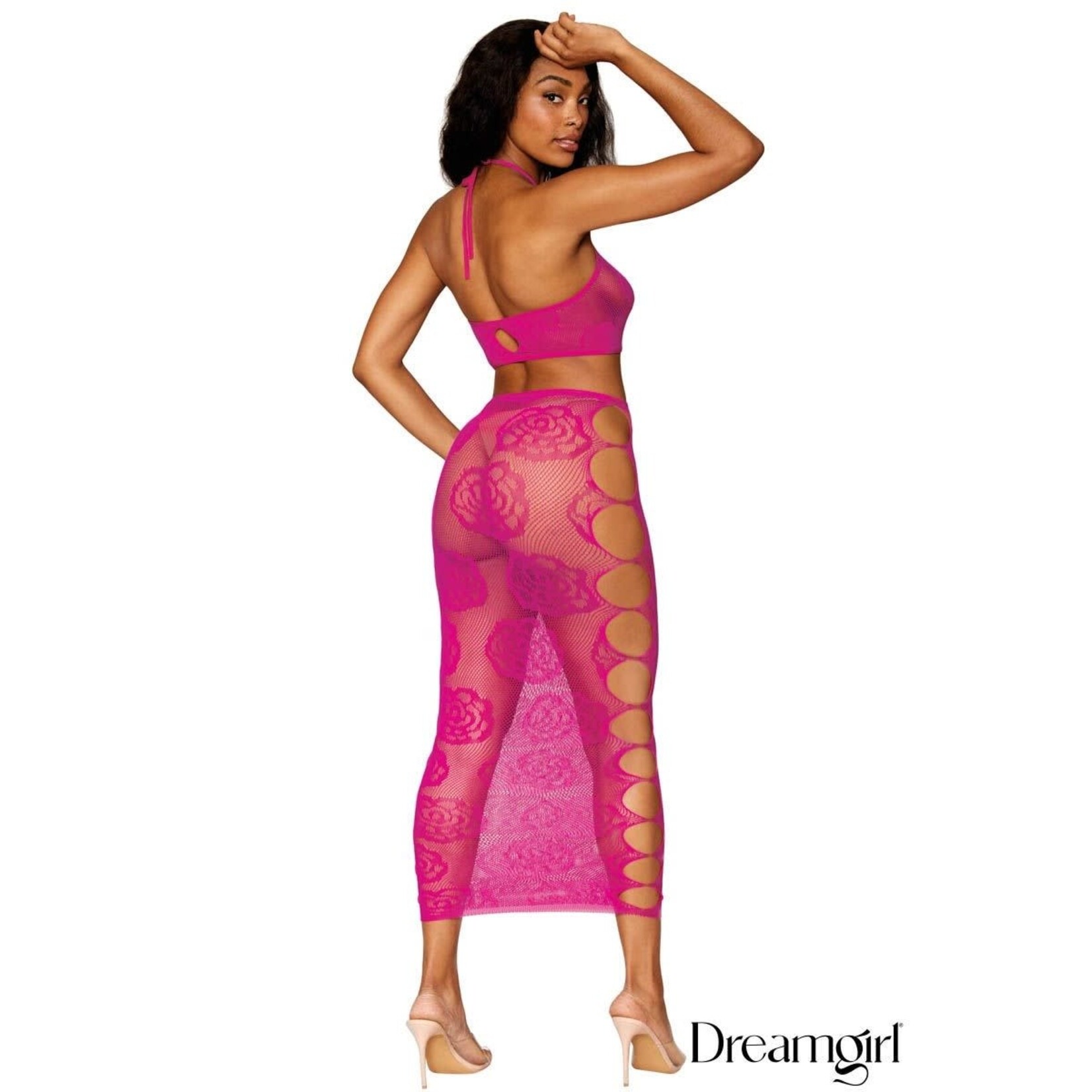 Dreamgirl Dreamgirl Seamless Magenta Rose & Fishnet Bralette & Long Skirt Set OS