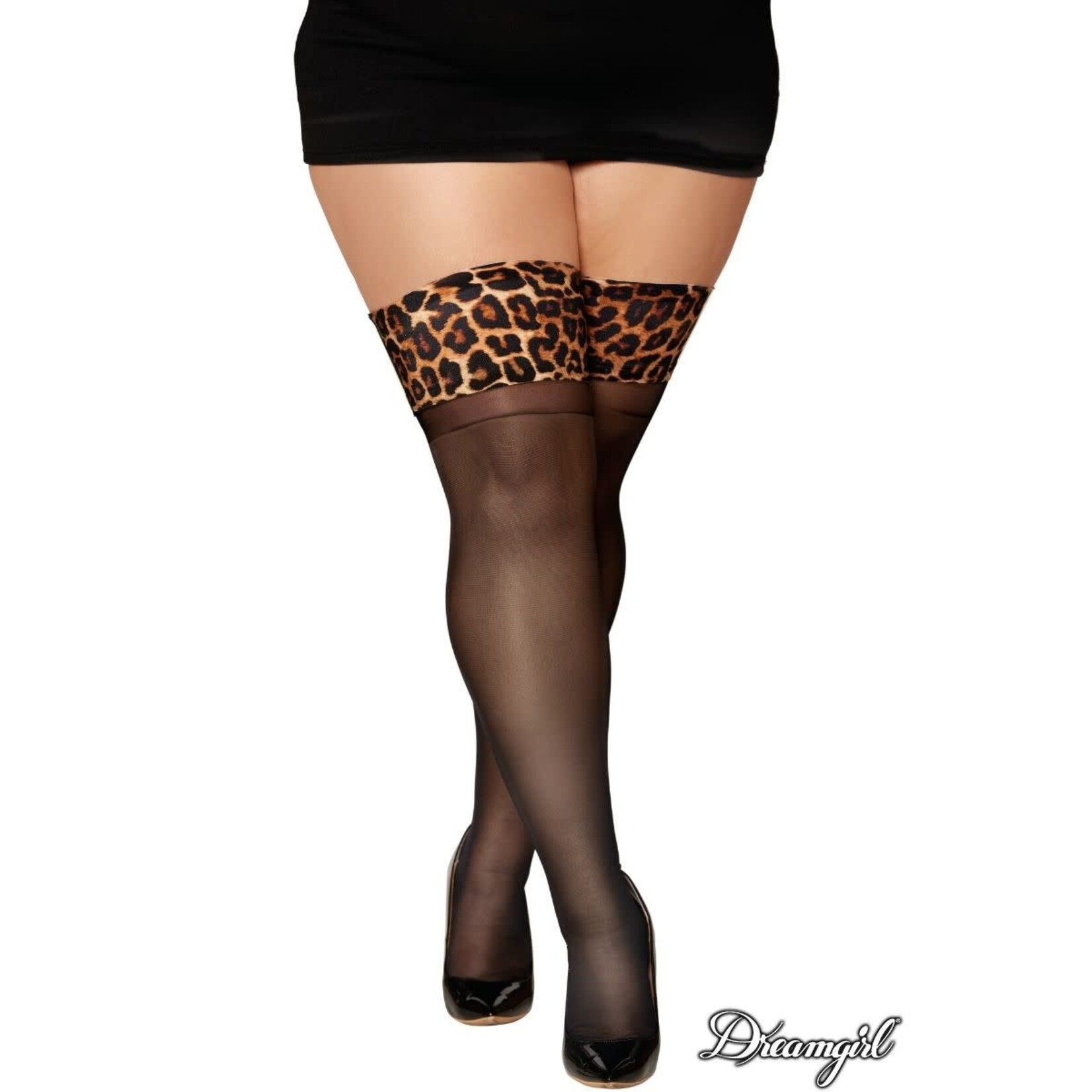 Dreamgirl Dreamgirl Leopard Print Sheer Thigh High Stockings with Stay-Up OSX