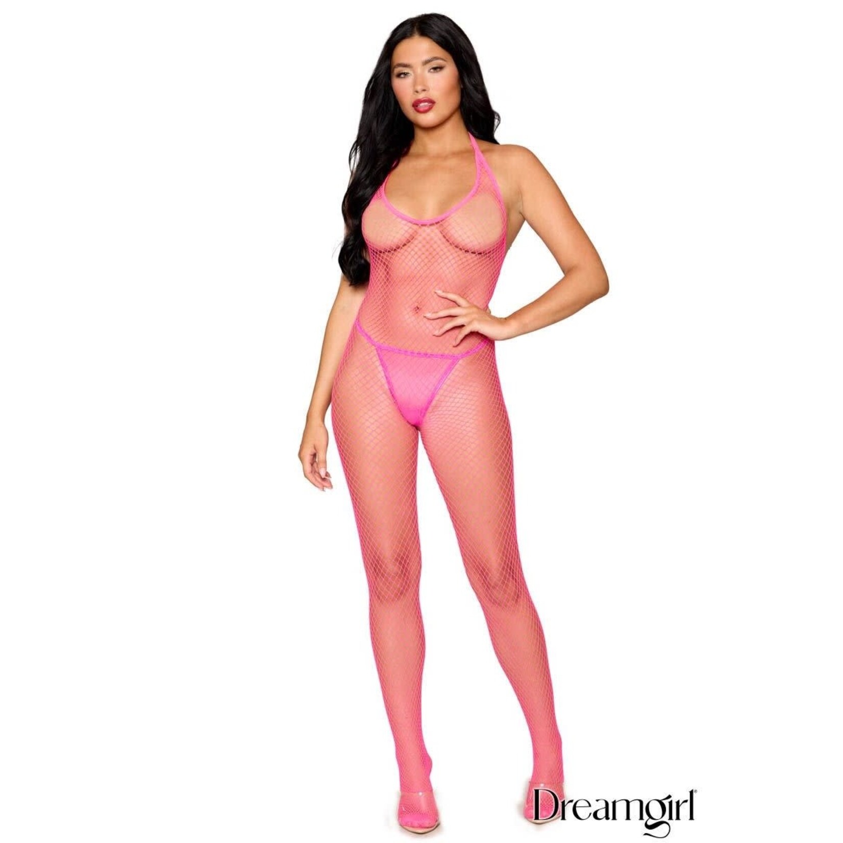 Dreamgirl Dreamgirl Neon Pink Diamond Net Halter Bodystocking OS