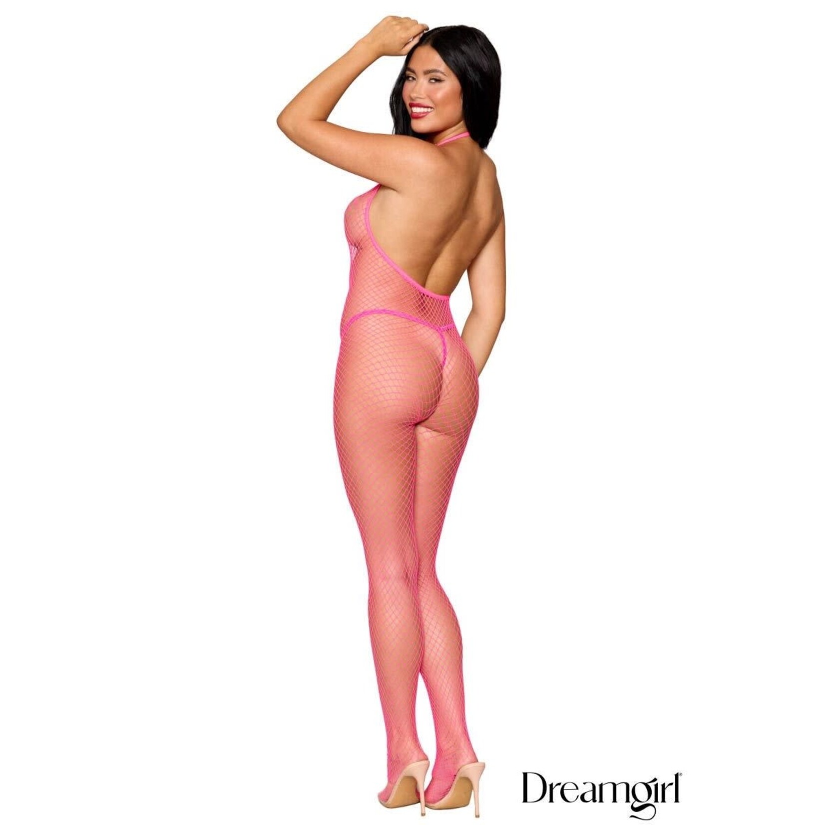 Dreamgirl Dreamgirl Neon Pink Diamond Net Halter Bodystocking OS