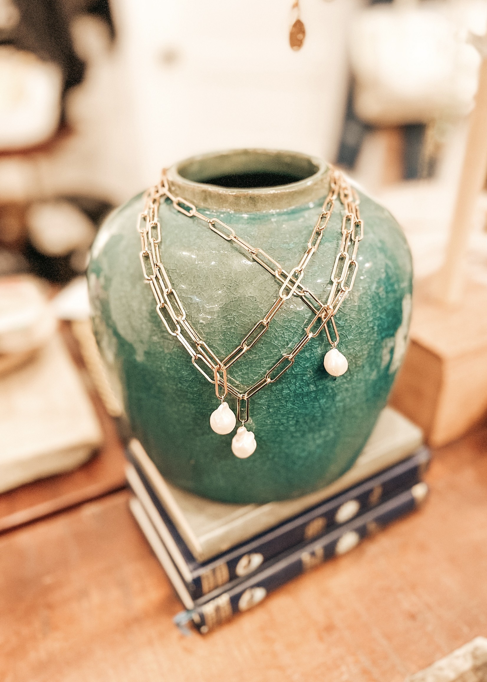 hula sue paper clip & baroque pearl charm necklace