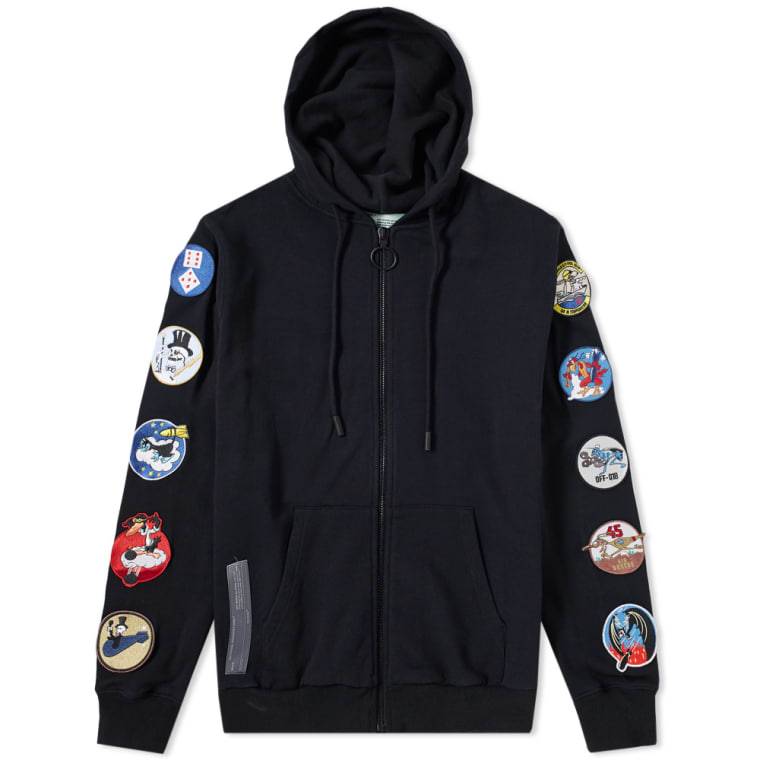 off white hoodie with patches
