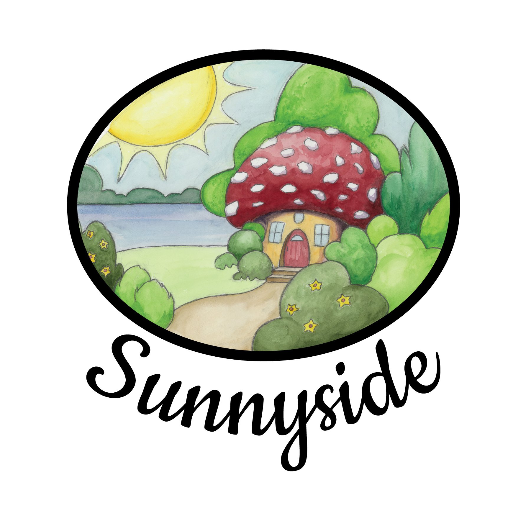Sunnyside logo with sunshine and mushroom cottage