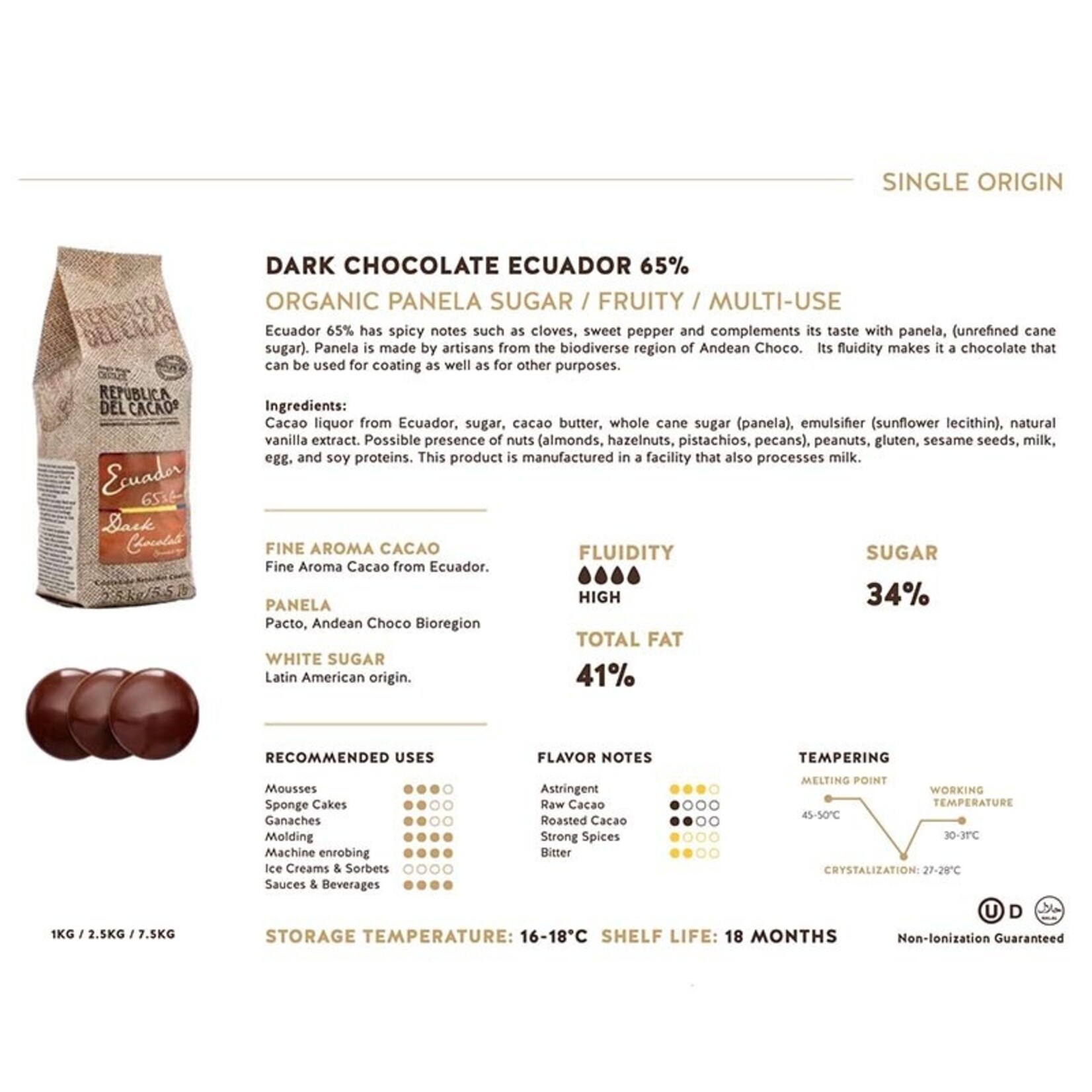 Republica del Cacao Republica del Cacao - Ecuador Dark Chocolate 65% - 16.5 lb