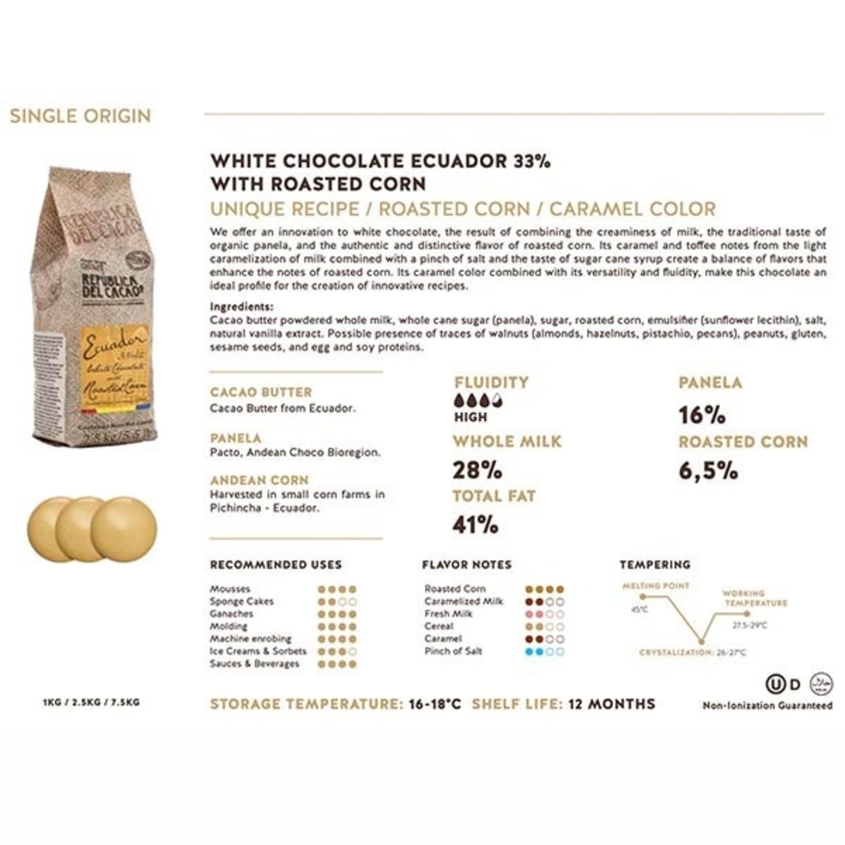 Republica del Cacao Republica del Cacao - Ecuador White Chocolate 33% with Roasted Corn - 5.5 lb