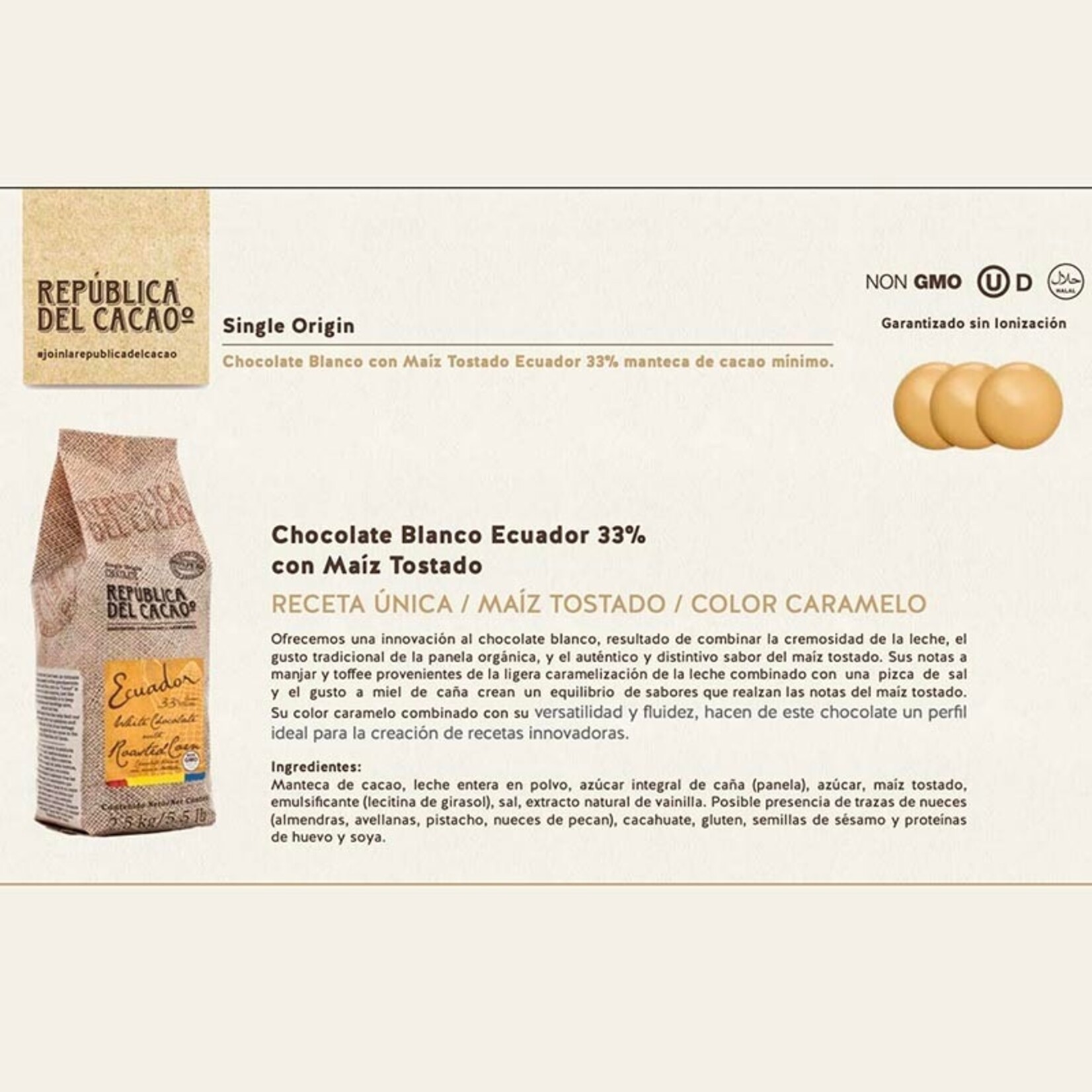 Republica del Cacao Republica del Cacao - Ecuador White Chocolate 33% with Roasted Corn - 5.5 lb