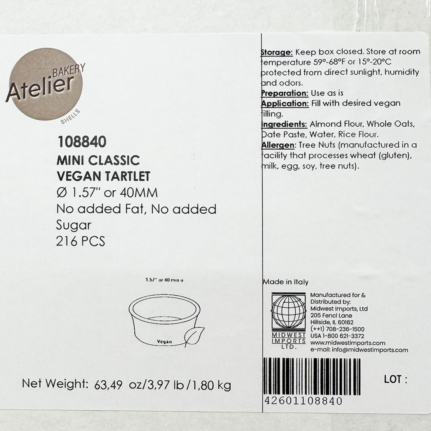Atelier Atelier - Mini Vegan / Gluten Free / No Sugar Added Tart Shell - 1.57" (216 ct)