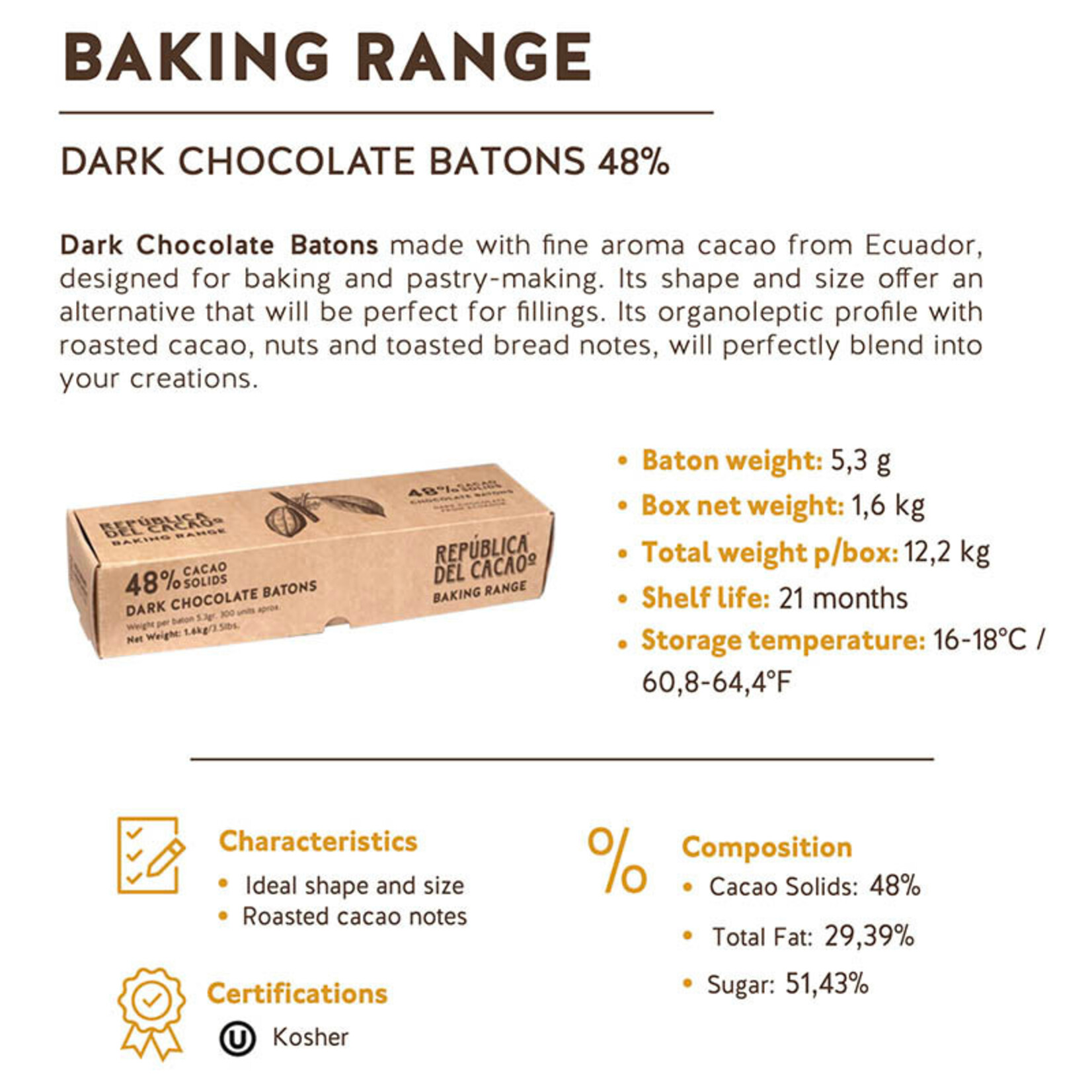 Republica del Cacao Republica del Cacao - Chocolate Batons 48% (300 ct) (box of 6)