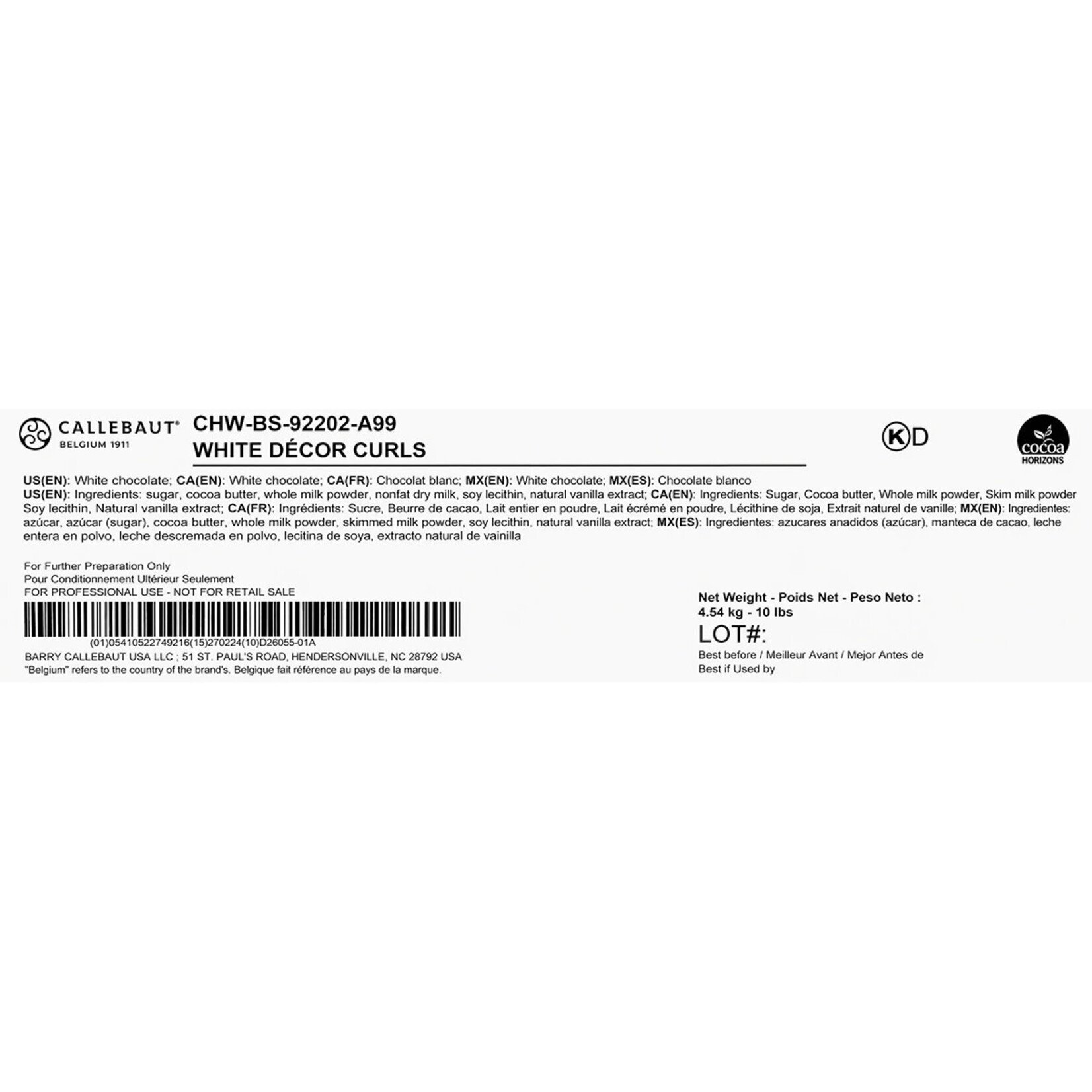 Callebaut Callebaut - White Chocolate Curls - 10 lb