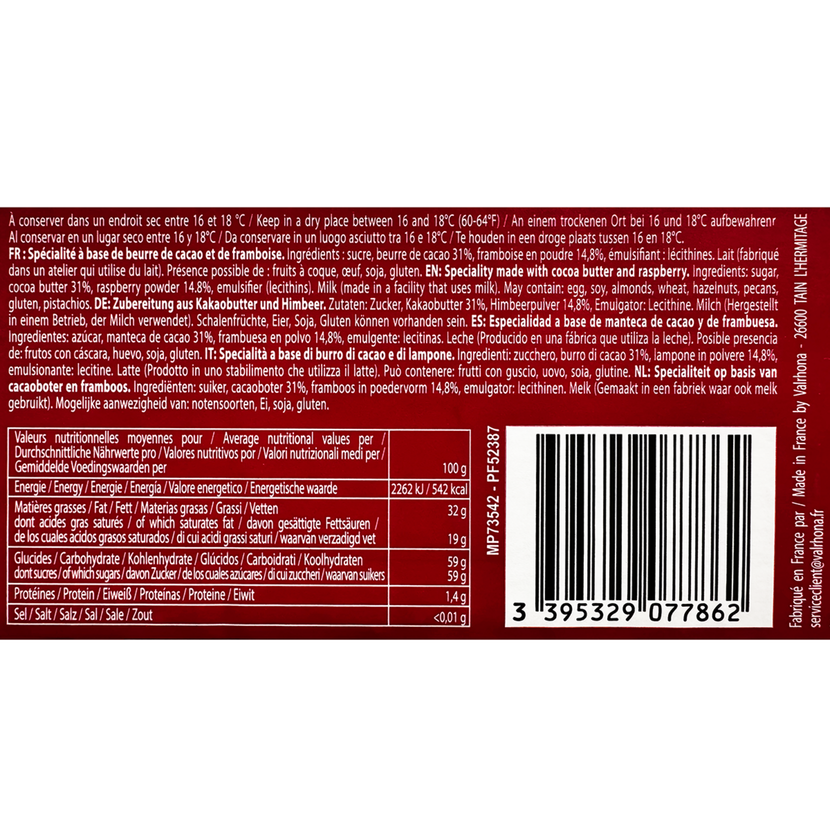 Valrhona Valrhona - Raspberry Inspiration Chocolate Batons (220 ct)