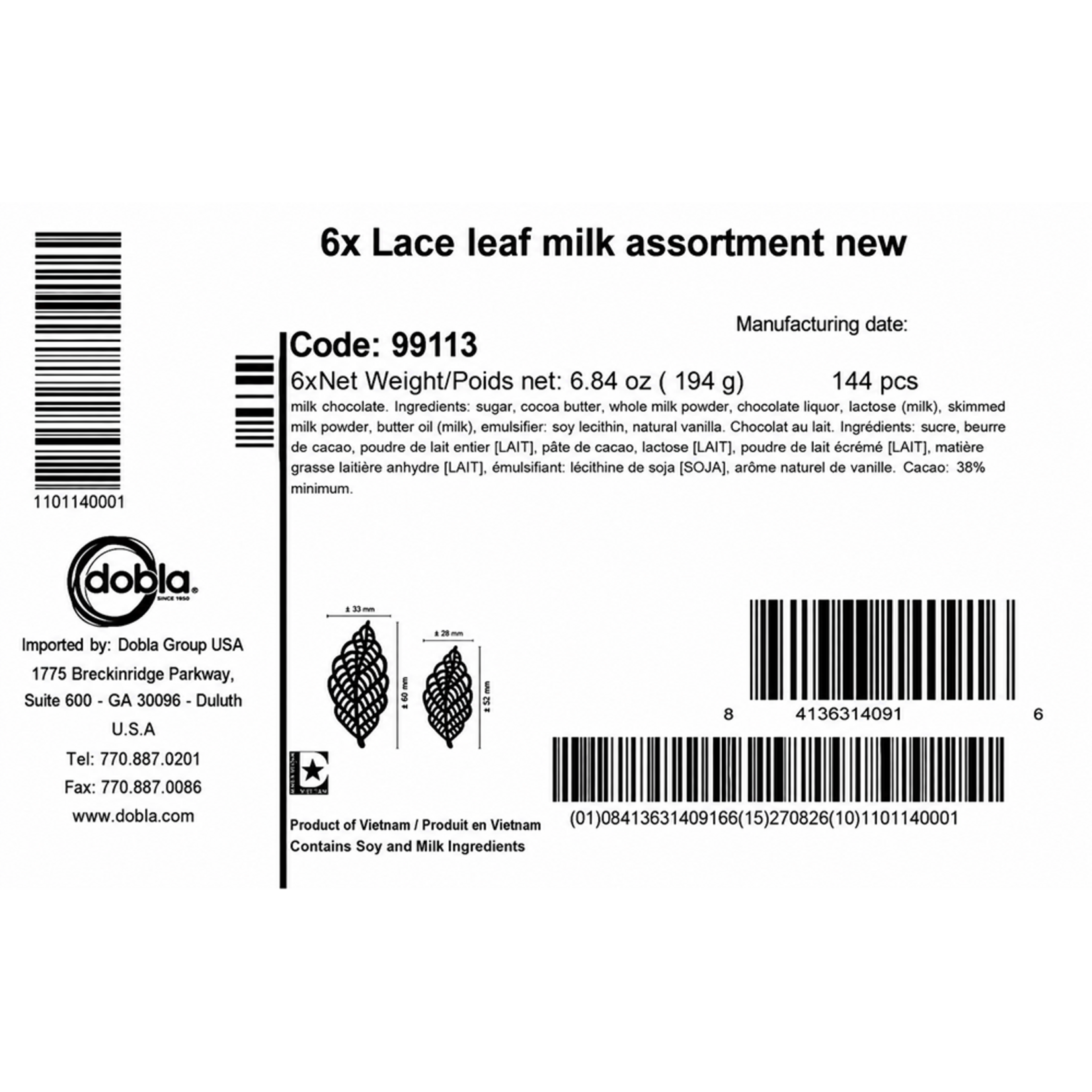 Dobla Dobla - Milk Chocolate Lace Leaf Assortment (144 ct)