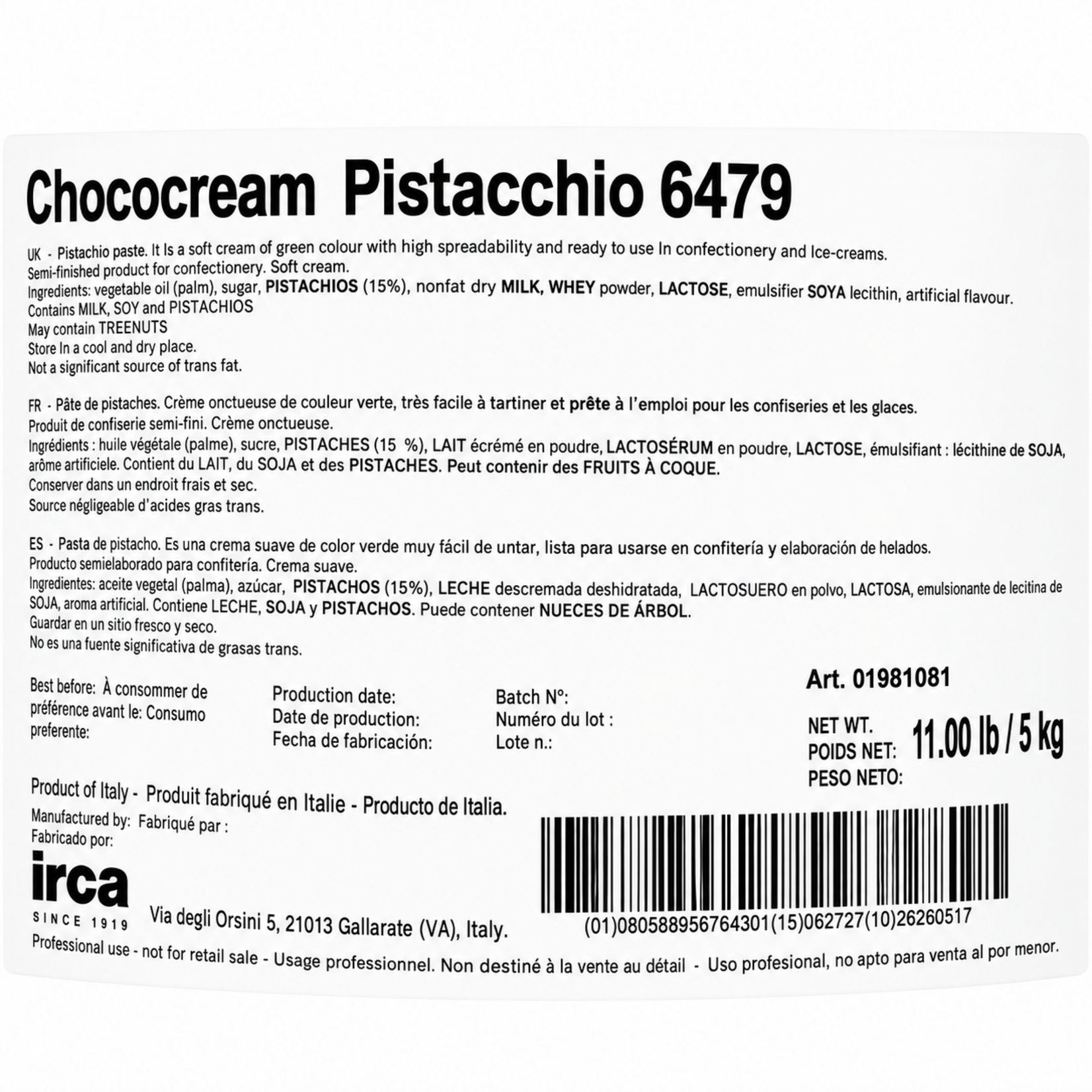 Irca Irca - Pistachio ChocoCream - 11 lb