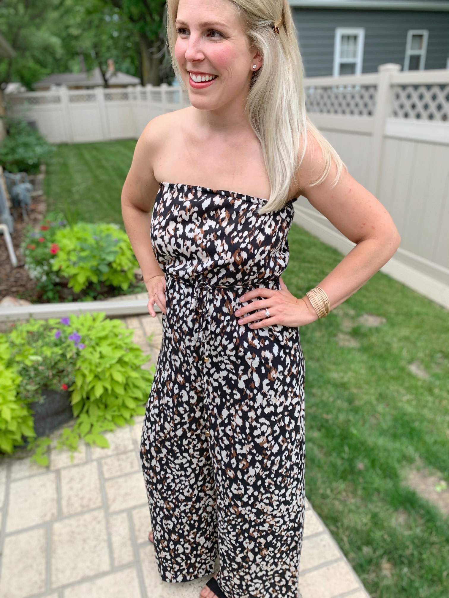 strapless leopard jumpsuit