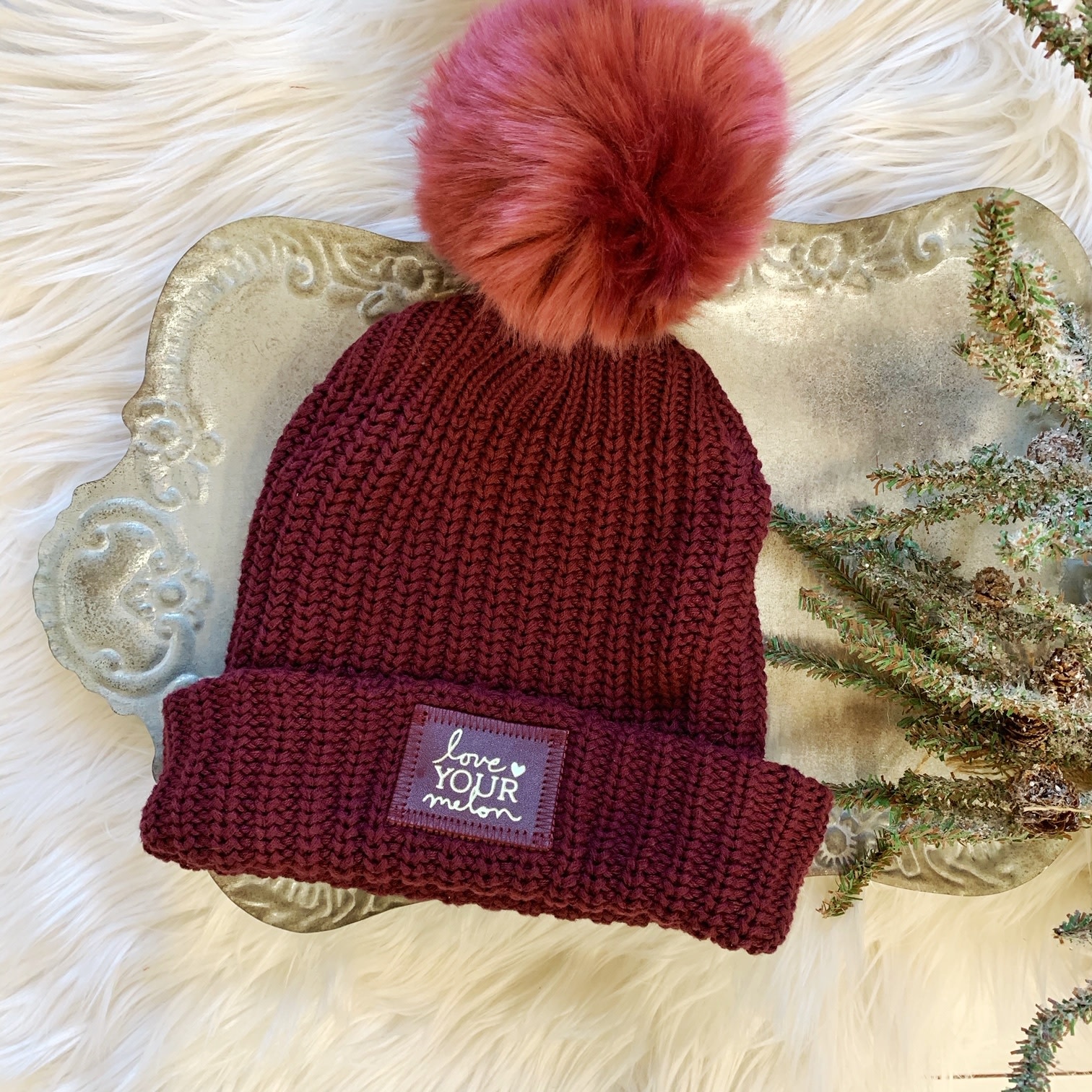 love your melon burgundy pom beanie
