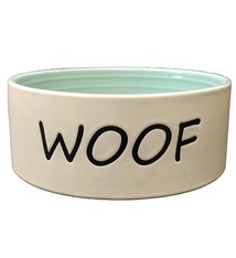 Ethical Stoneware Woof Dog Dish,Tan/Green 5”