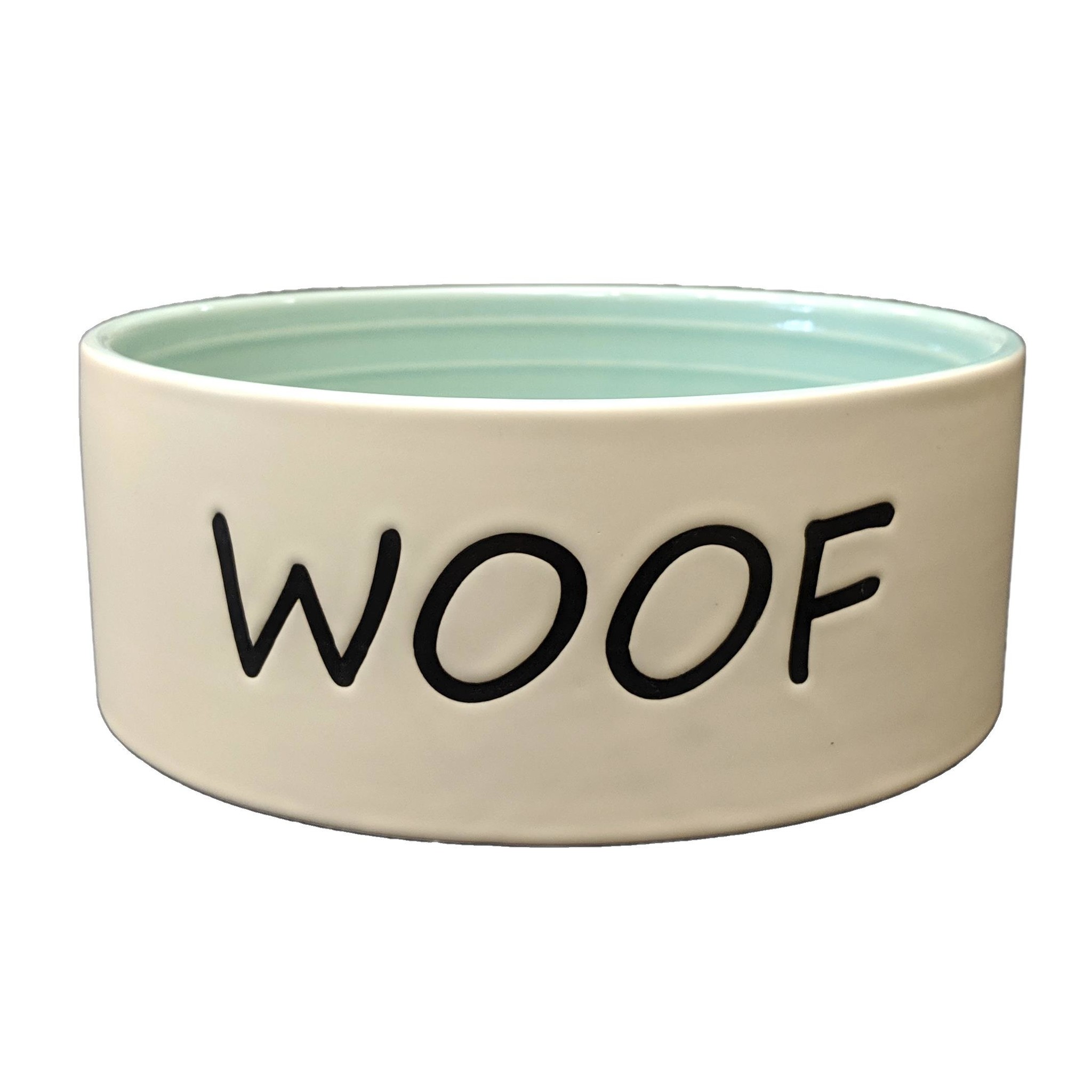 Ethical Stoneware Woof Dog Dish,Tan/Green 5”