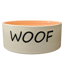 Ethical Stoneware Woof Dog Dish,Tan/Coral 5”