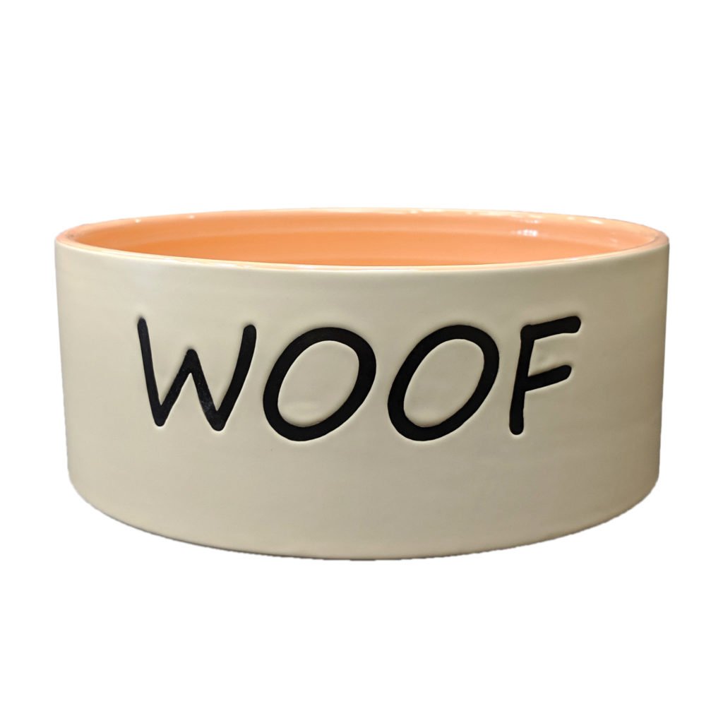 Ethical Stoneware Woof Dog Dish,Tan/Coral 5”
