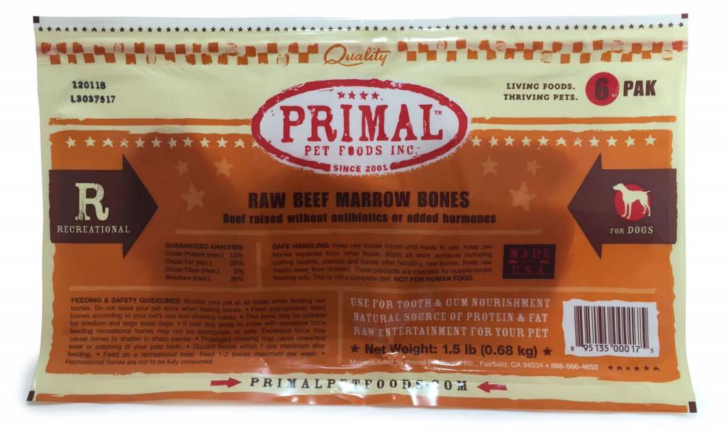Primal Pet Foods Primal Frozen Raw Recreational Beef Marrow Bones 2" 6 PACK