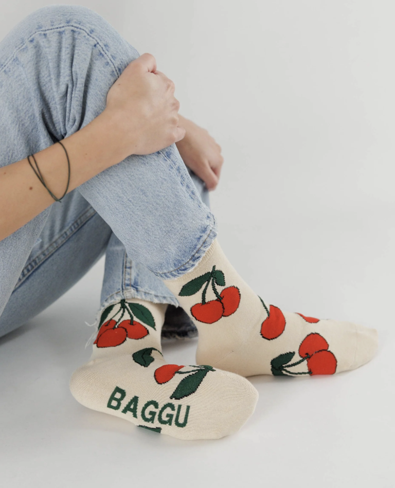 Baggu Crew Sock - Ecru Cherry