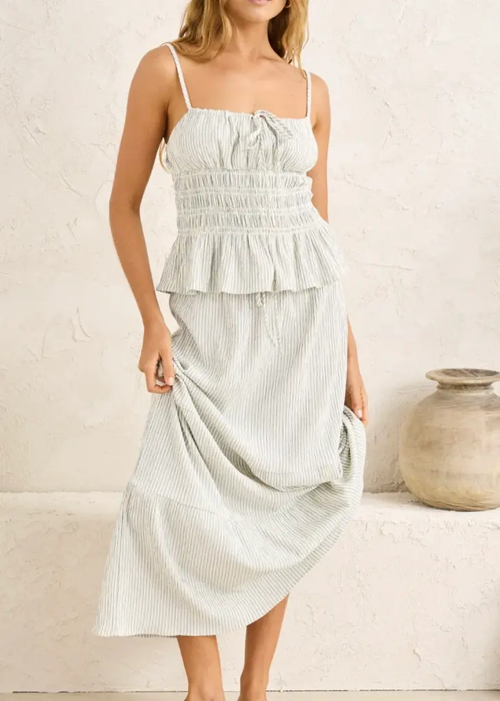 Rhythm Driftwood Stripe Ruffle Midi Skirt