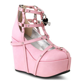 POISON-25-2 5" Wedge Platform Pink Vegan Leather Cage Bootie + Heart Studding, O-Rings & Heart-Shaped Locket D34PVC