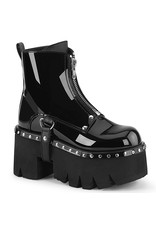 ASHES-100 3 1/2" Chunky Heel Platform Black Patent Vegan Leather Boot,Silver Stud Embellishments + D-Rings Harness Strap D39PB