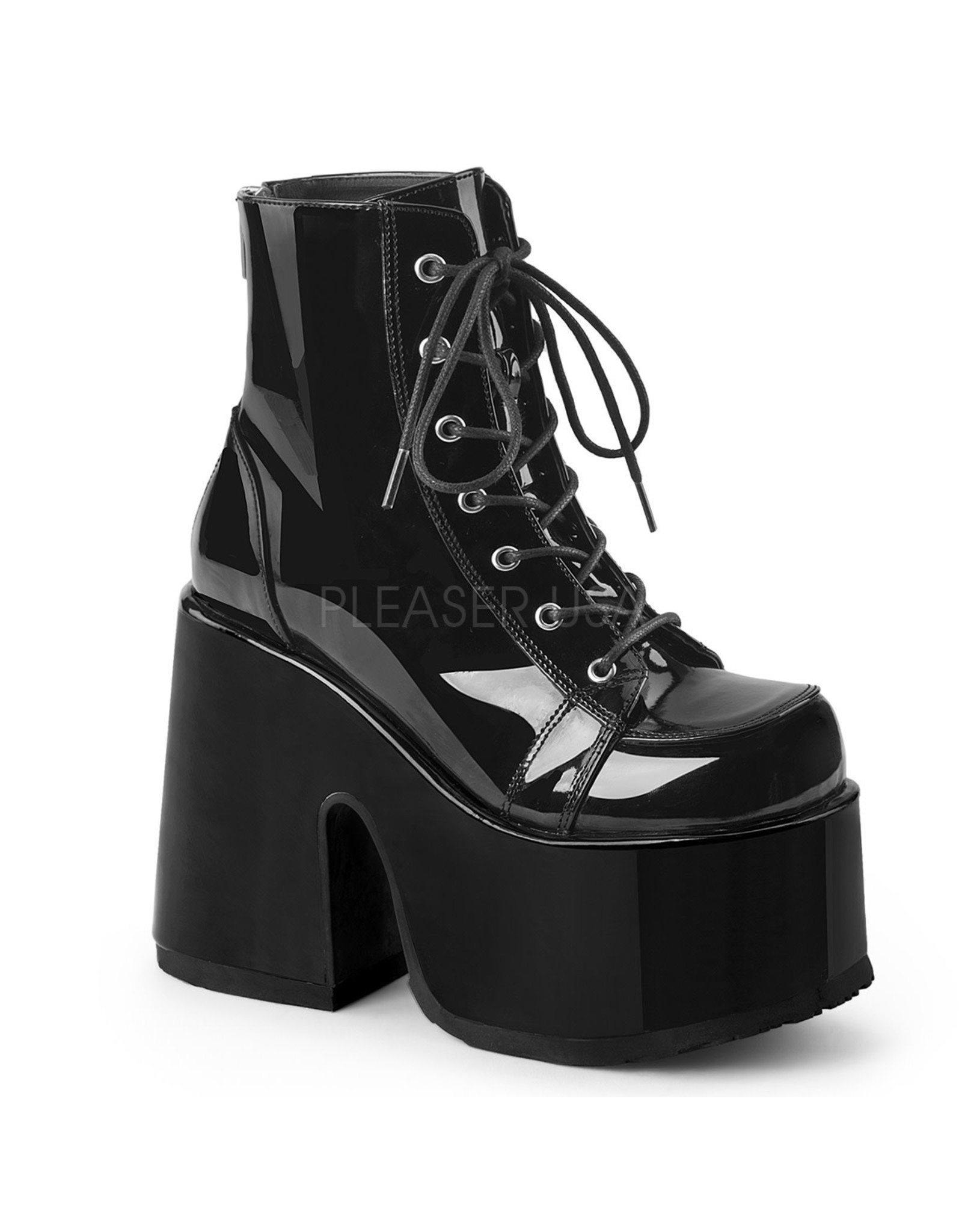 CAMEL-203 5" Chunky Heel, 3" Platform Black Patent Boot, Metal Back Zip Closure D23PB