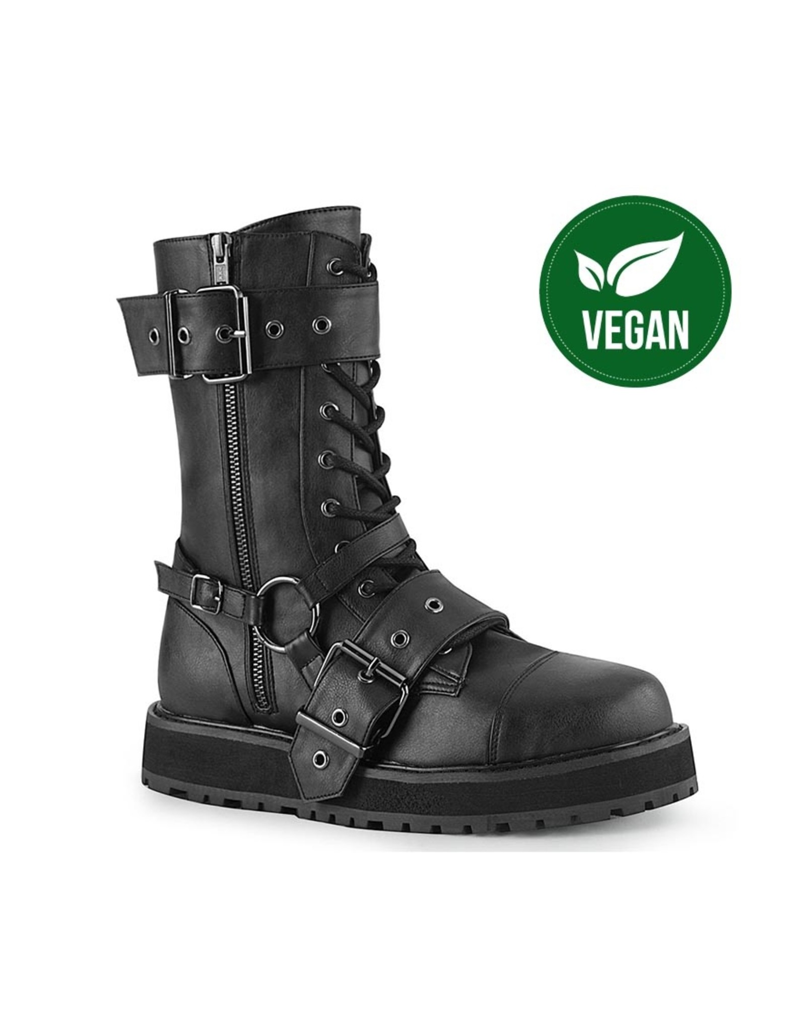 DEMONIA VALOR-220 1 1/2" Platform Vegan Black Leather Lace-Up Mid-Calf Boot,Side Zip D51VBS