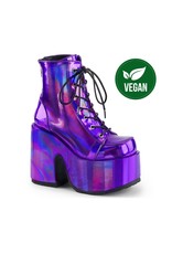 CAMEL-203 5" Chunky Heel, 3" Platform Vegan Purple Hologram Lace-Up Ankle Boot, Back Zip Closure D23VPH