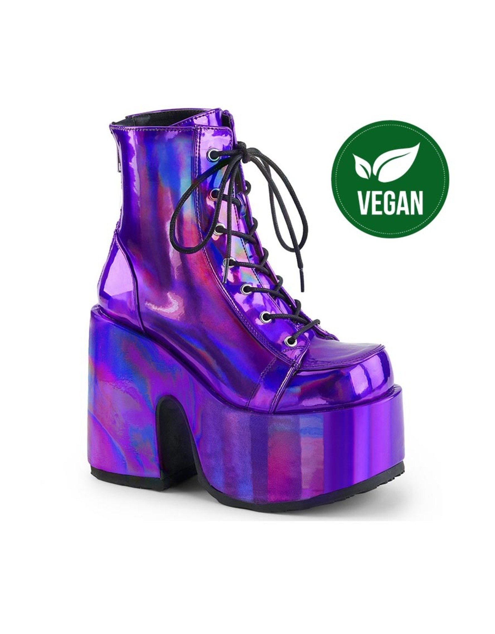 CAMEL-203 5" Chunky Heel, 3" Platform Vegan Purple Hologram Lace-Up Ankle Boot, Back Zip Closure D23VPH