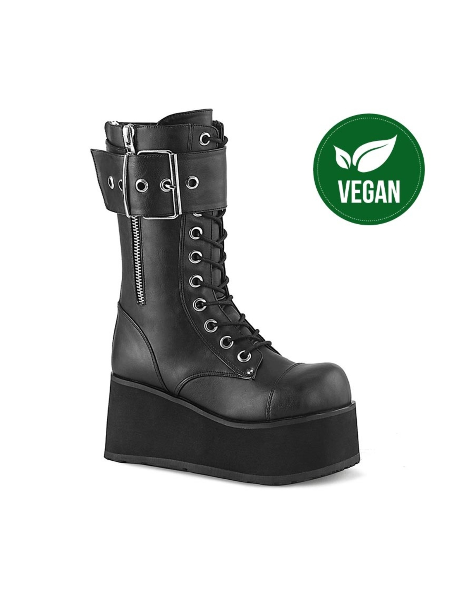 PETROL-150 3 1/2" Platform Mid-Calf Boot,Ornamental Inner & Outer Zipper,Oversize Buckle Strap, Back Zip Closure D53VB