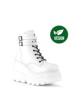 SHAKER-52 4 1/2" Wedge Platform White Vegan Leather Boot w/ Double Buckled Ankle Straps, Inside Zip Closure D38VW