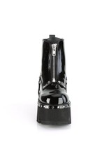 ASHES-100 3 1/2" Chunky Heel Platform Black Patent Vegan Leather Boot,Silver Stud Embellishments + D-Rings Harness Strap D39PB