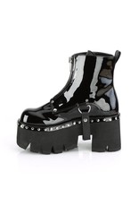 ASHES-100 3 1/2" Chunky Heel Platform Black Patent Vegan Leather Boot,Silver Stud Embellishments + D-Rings Harness Strap D39PB