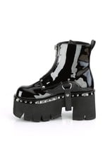 DEMONIA ASHES-100 3 1/2" Chunky Heel Platform Black Patent Vegan Leather Boot,Silver Stud Embellishments + D-Rings Harness Strap D39PB