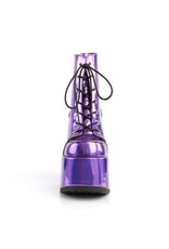 DEMONIA CAMEL-203 5" Chunky Heel, 3" Platform Vegan Purple Hologram Lace-Up Ankle Boot, Back Zip Closure D23VPH