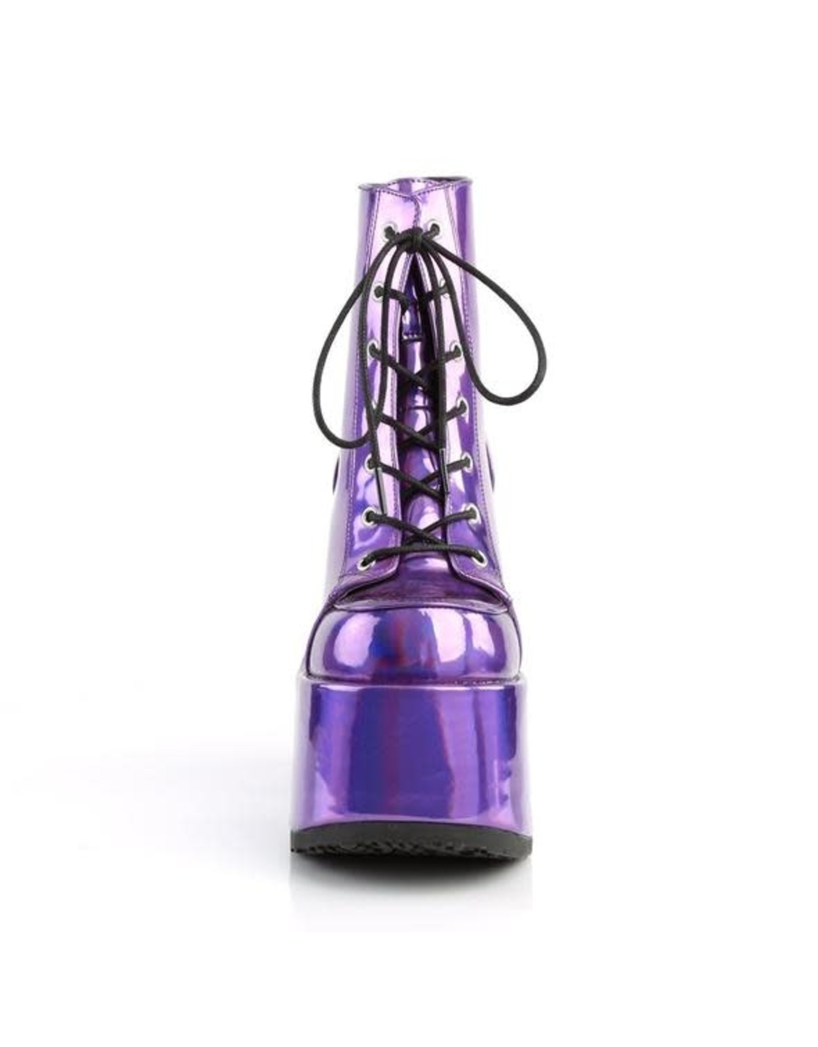 CAMEL-203 5" Chunky Heel, 3" Platform Vegan Purple Hologram Lace-Up Ankle Boot, Back Zip Closure D23VPH