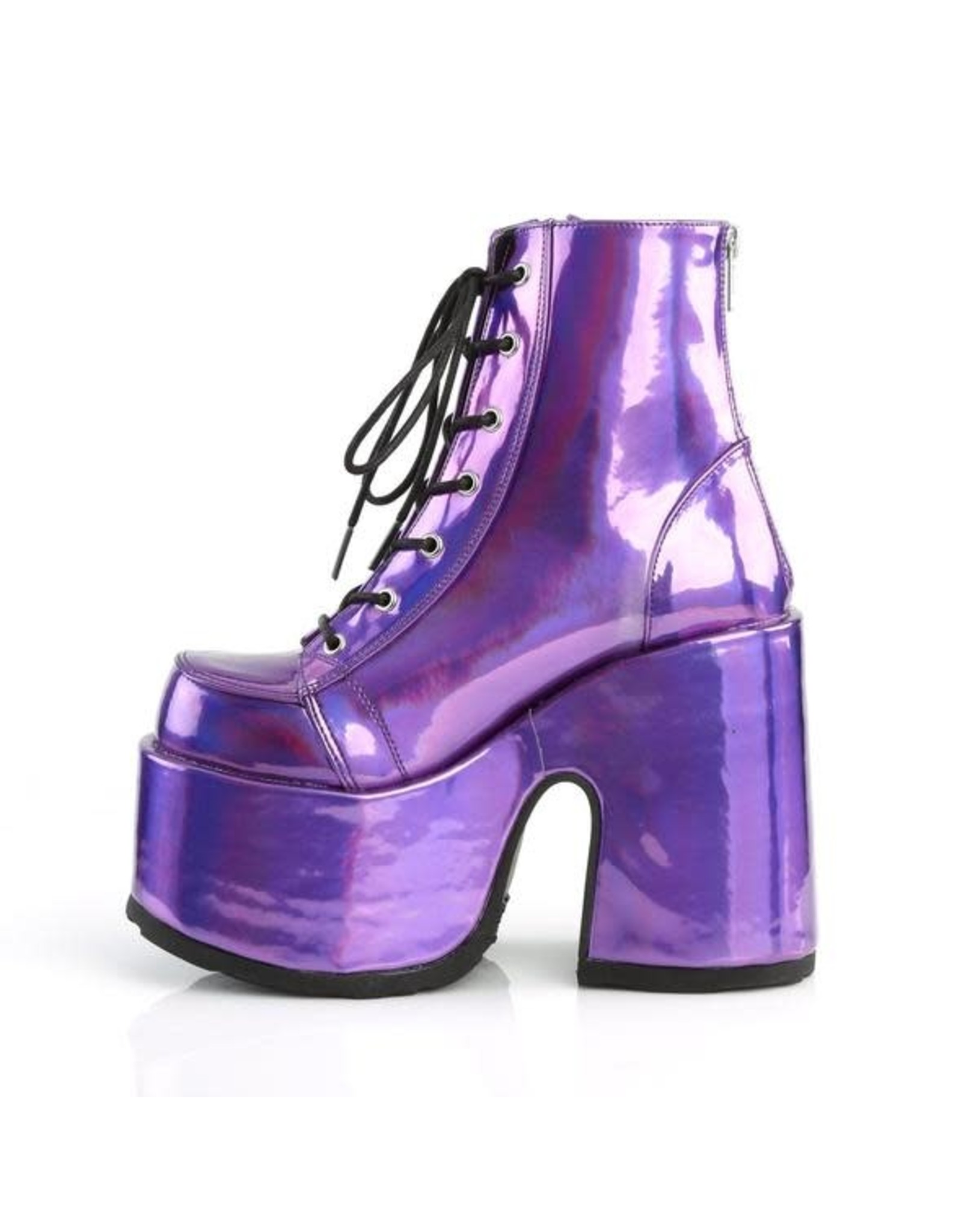 CAMEL-203 5" Chunky Heel, 3" Platform Vegan Purple Hologram Lace-Up Ankle Boot, Back Zip Closure D23VPH