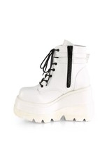 DEMONIA SHAKER-52 4 1/2" Wedge Platform White Vegan Leather Boot w/ Double Buckled Ankle Straps, Inside Zip Closure D38VW