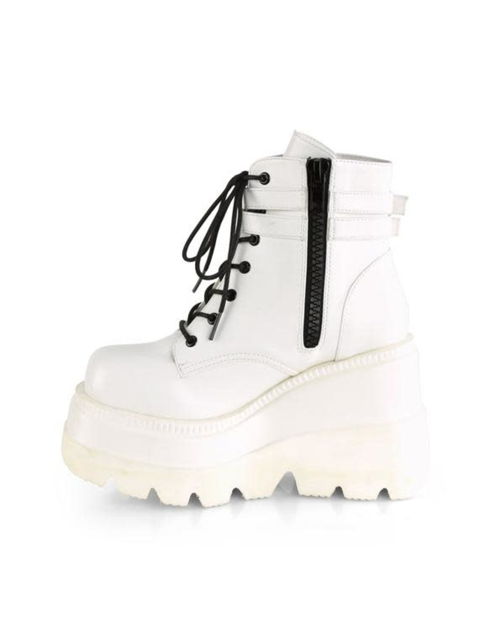 DEMONIA SHAKER-52 4 1/2" Wedge Platform White Vegan Leather Boot w/ Double Buckled Ankle Straps, Inside Zip Closure D38VW