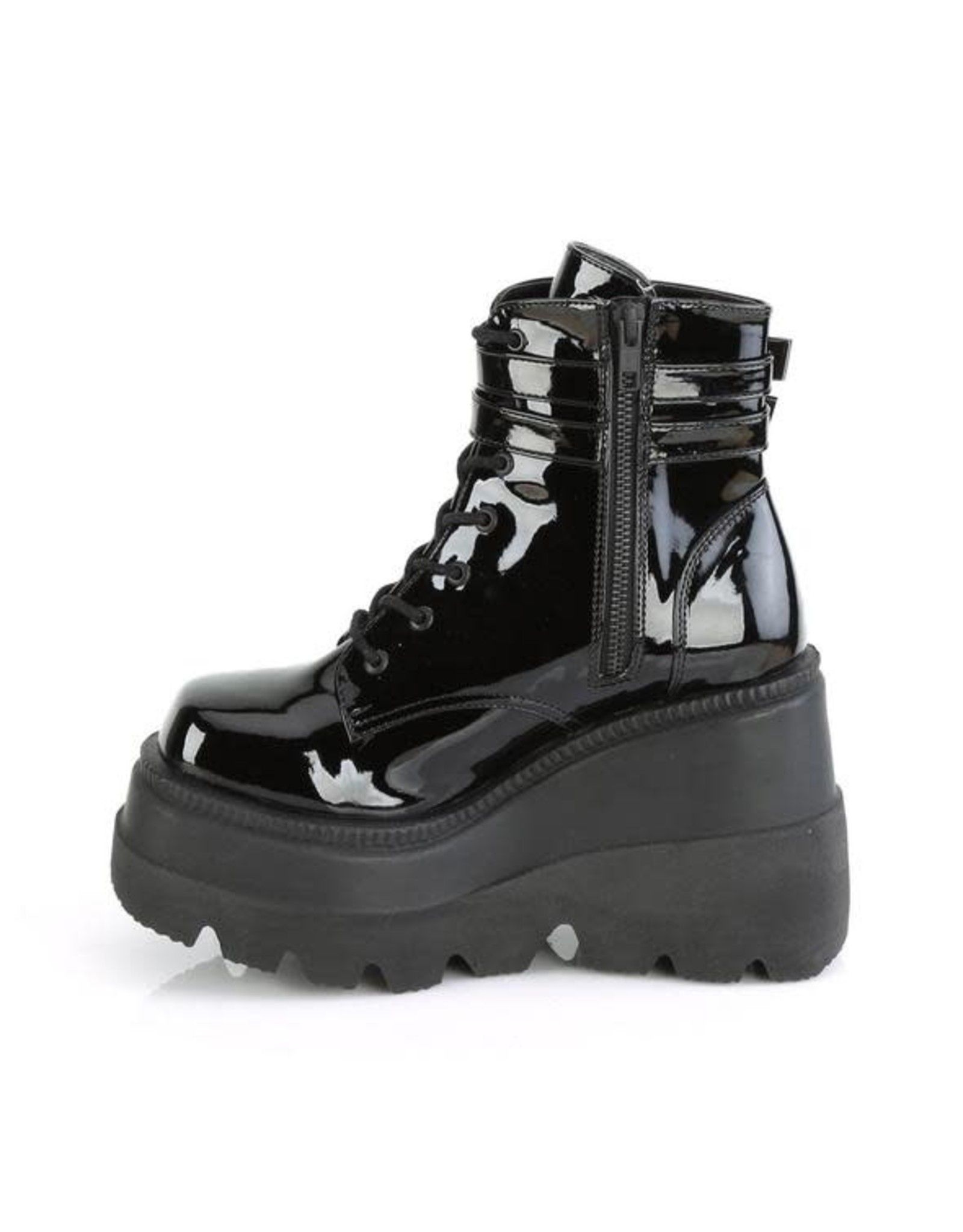 DEMONIA SHAKER-52 4 1/2" Wedge PF Black Patent Ankle Boot, Side Zip D38PB