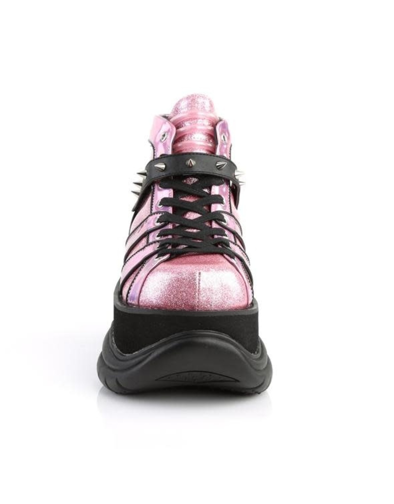 DEMONIA NEPTUNE-100 3" Platform Pink Glitter-Silver/Vegan Leather Shoe, Hook N' Loop Ankle Strap w/ Cone Studs and UV Reactive Tubbing D29VPG