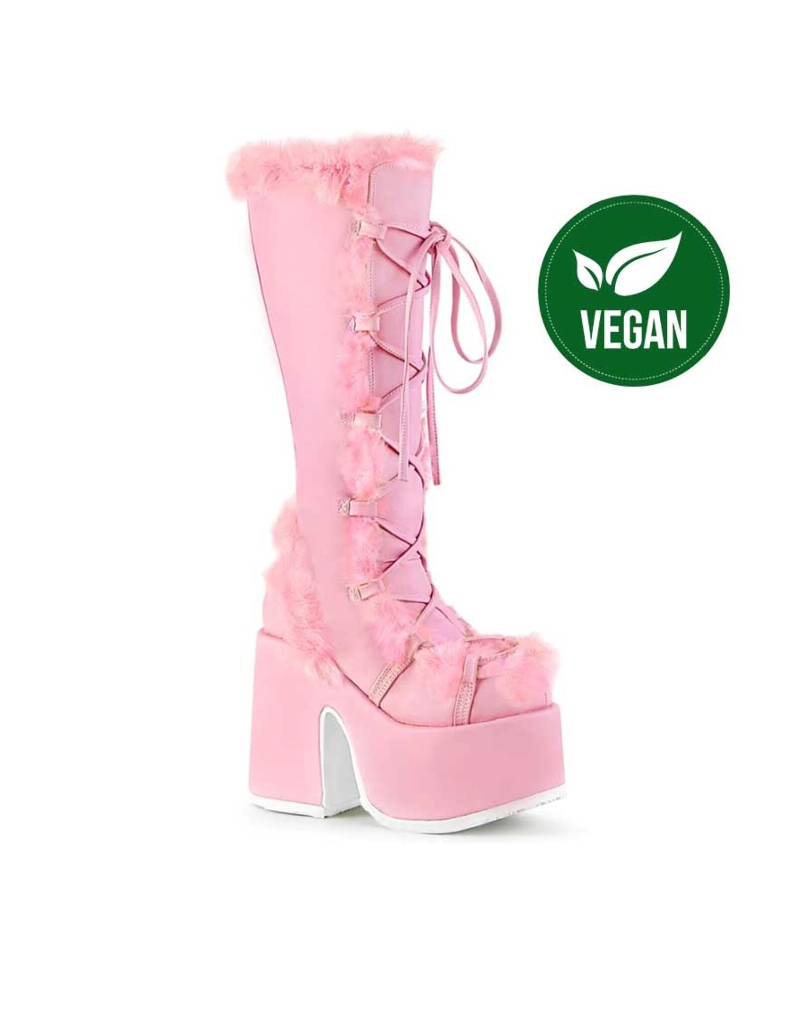 CAMEL-311 /PAPVL-5" Chunky Heel, 3" P/F Lace-Up Knee High Boot, Vegan Suede Pastel Pink, Side Zip D80PFUR - CAM311/PAPVL