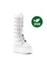 DAMNED-318 - WHITE VEGAN LEATHER - 3 1/2" (90mm) Platform Knee High Boot Featuring 8 Buckle Straps w/ Metal Plates at Center, Back Metal Zip Closure D54VW - DAM318/WVL