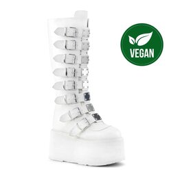 DAMNED-318 - WHITE VEGAN LEATHER - 3 1/2" (90mm) Platform Knee High Boot Featuring 8 Buckle Straps w/ Metal Plates at Center, Back Metal Zip Closure D54VW - DAM318/WVL